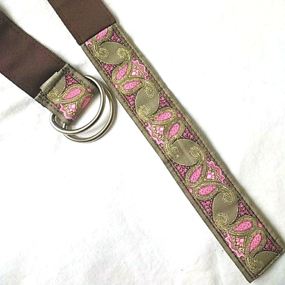 Fabric Paisley Print 1.5" Fuscia & Gold Pattern Embroidered Adjustable Belt 40" - Picture 3 of 6